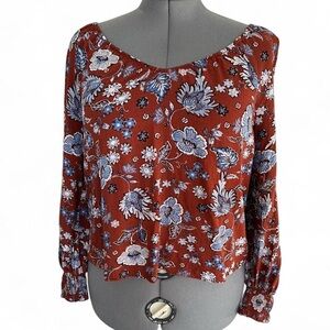 Ana A New Approach brown cropped poet-sleeved blouse blue floral pattern size M
